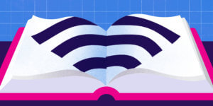 Graphic of textbook with wi-fi logo overlaid.